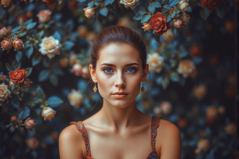 A stylish woman in a patterned dress and statement earrings poses boldly before a backdrop of dark roses—evoking modern romantic fashion.