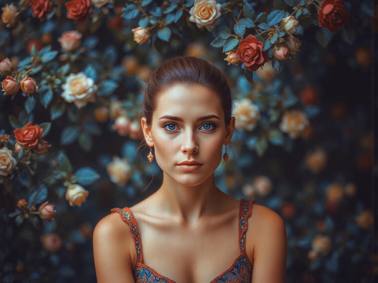 A stylish woman in a patterned dress and statement earrings poses boldly before a backdrop of dark roses—evoking modern romantic fashion.