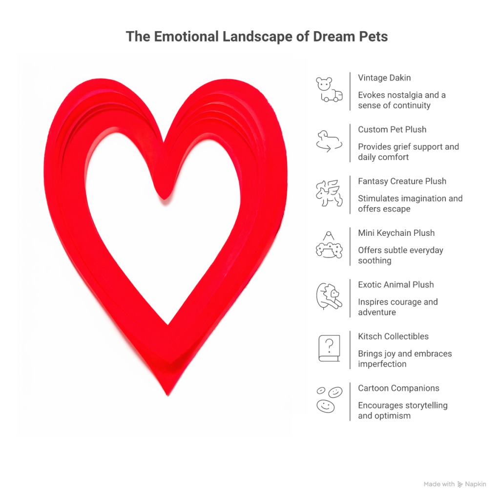 Red heart beside icons and lists of trendy stuffed animals, each styled for comfort, nostalgia, and emotional expression.