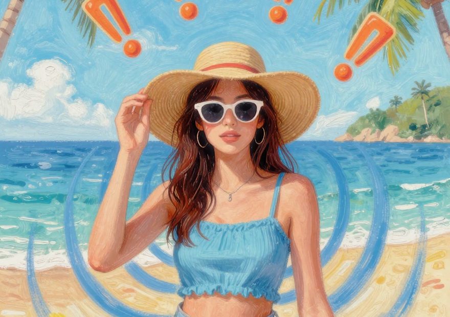 Chic woman in sunhat, sunglasses, and blue crop top poses on a palm-lined beach with a trendy weekender bag; bold accents pop.