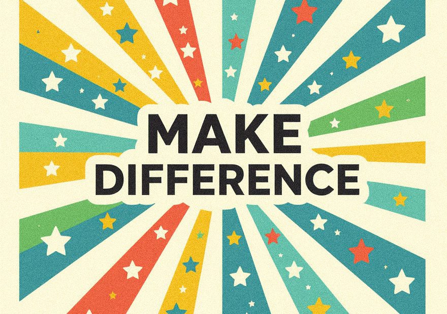 Retro poster with vibrant rays and stars, bold black "MAKE DIFFERENCE" text—perfect style inspo for trendsetting work tote shoppers.