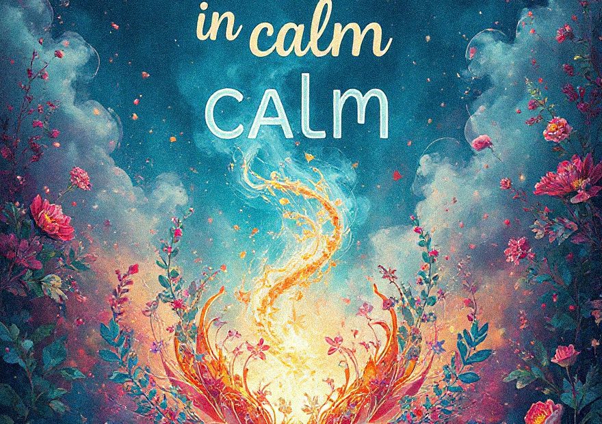 Dreamy florals and swirling clouds surround "Breathe in calm CALM" above a glowing phoenix—fw26 bag and style trend inspiration.