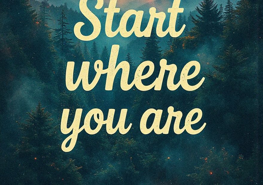 A full moon glows over forested mountains as “Start where you are” inspires, evoking fresh journeys in chic tote bag style.