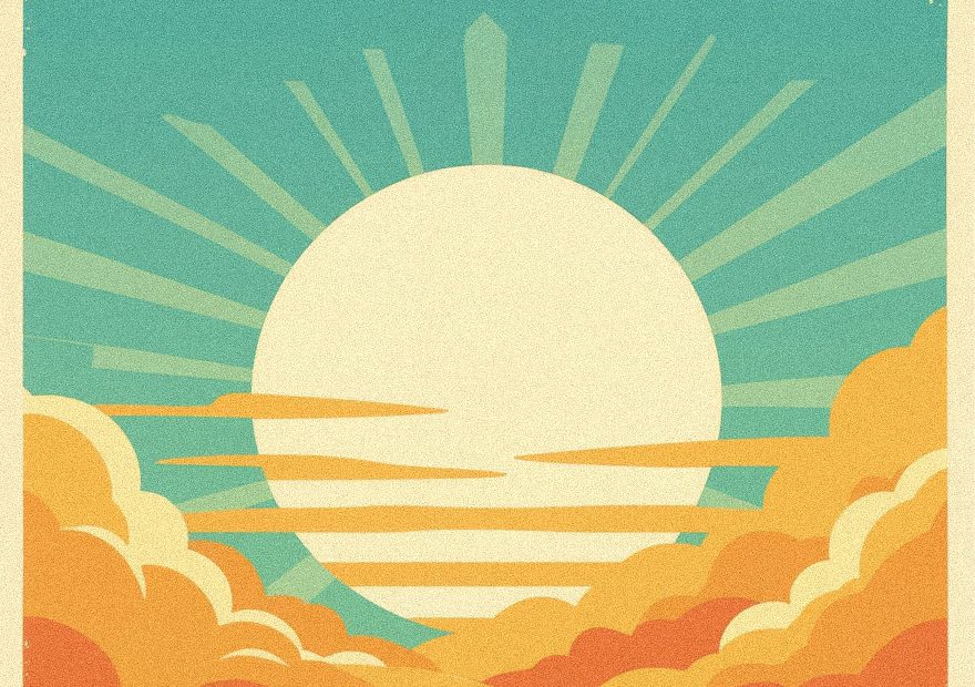 Retro poster in orange and teal with sun, rays, and clouds; “BREATHE CALM” echoes the chic calm of a must-have travel tote.