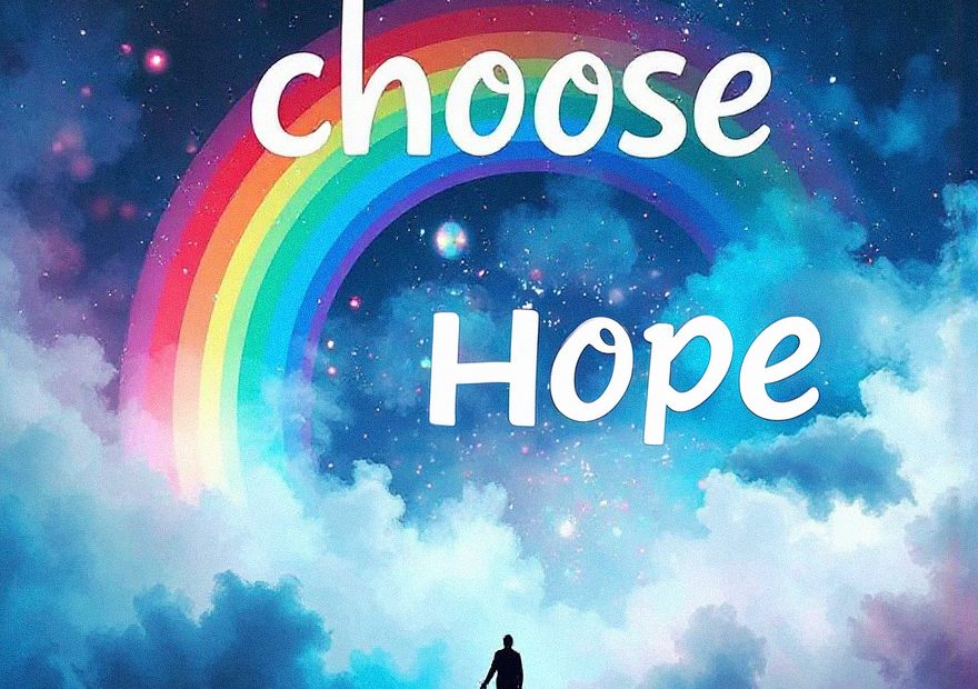 A silhouetted figure stands on a hill under stars, clouds, and a rainbow—like the 2026 trend of open-closure bags: “I choose Hope.”.