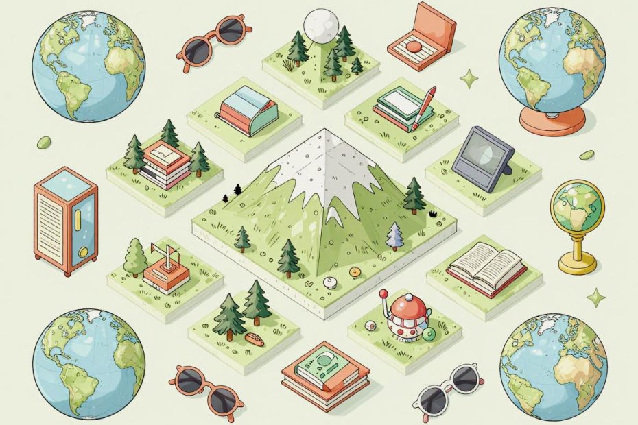 Isometric scene with a snow-capped mountain, forests, and trendy travel gear—sunglasses, bags, globes—on grassy platforms.