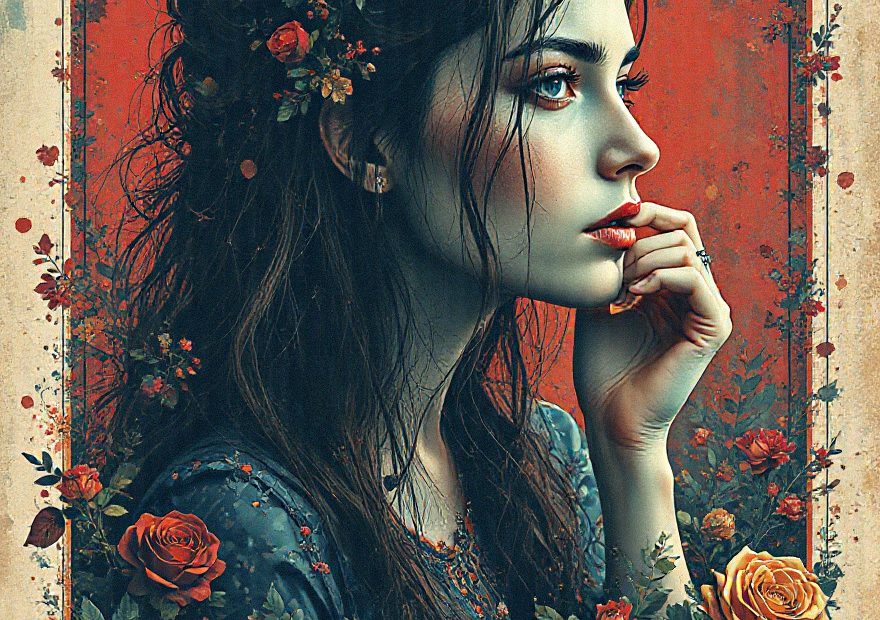 A stylish woman with floral hair, framed by blooming roses, inspires spring bag trends above “I CAN CHANGE MY STORY” in bold text.
