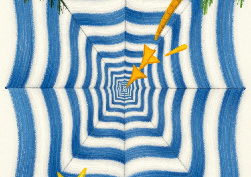 A blue and white tunnel pattern with palm trees, star, and cones—evoking vacation style trends for chic, sun-ready accessories.