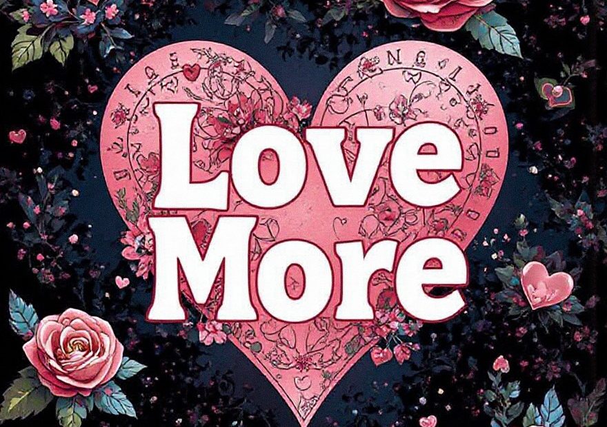 Chic pink roses and hearts frame “Love More” on a heart backdrop—an on-trend, romantic accent for bags or stylish accessories.