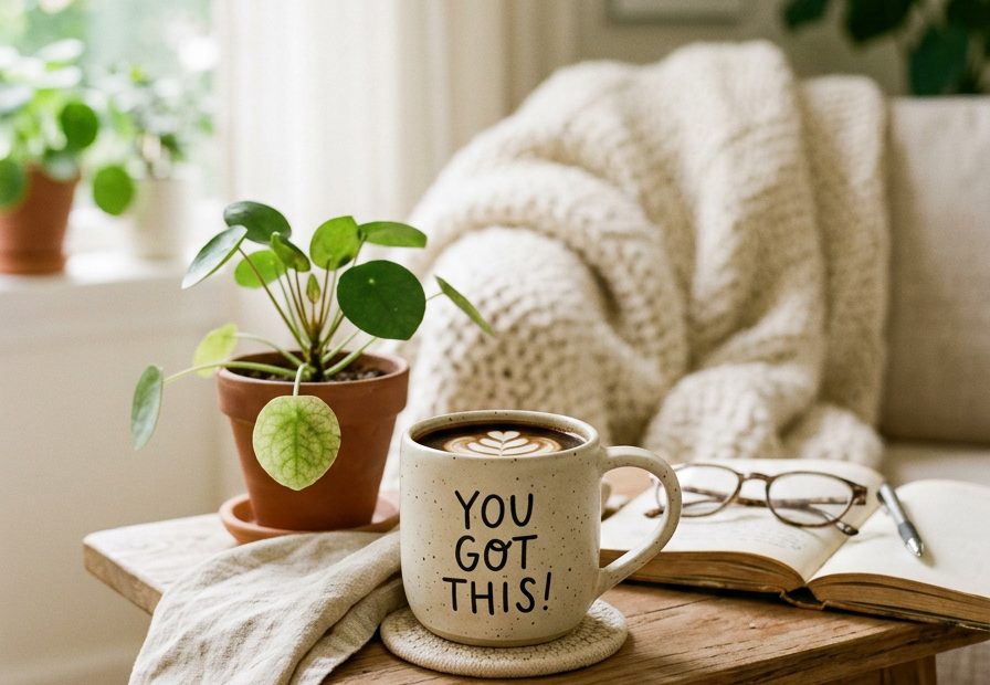 Sunlit table with chic glasses, plant, and a “You got this!” mug—planning the perfect carry-on for stylish European travels.