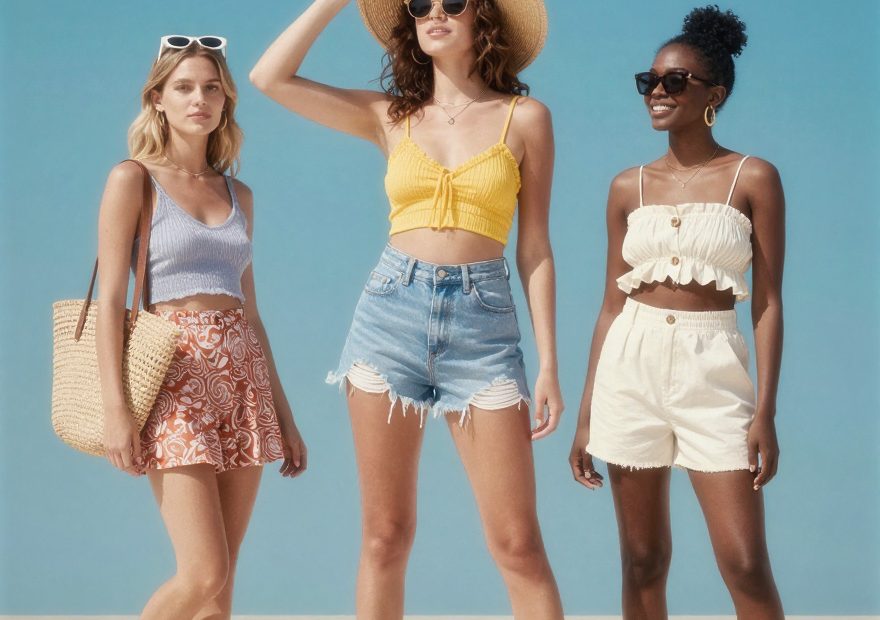 Three stylish women in breezy summer outfits and sunglasses pose, one with a chic travel bag—summer fashion for women on the go.