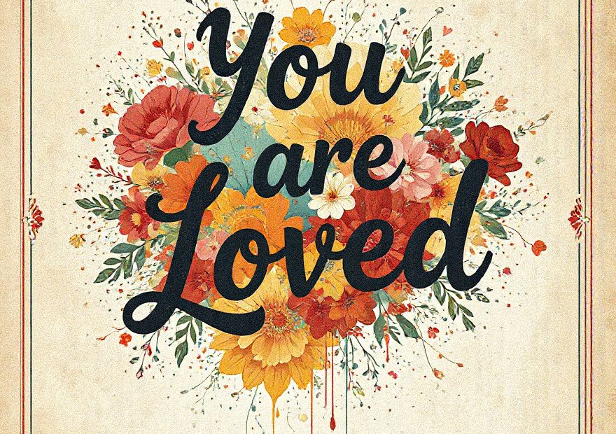 You are Loved" in bold script pops amid vibrant florals, with accessory-inspired borders adding a vintage-chic, stylish flair.