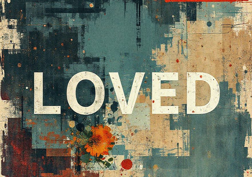 Abstract art in blue, beige, and orange with "YOU ARE LOVED"—a bold trend piece echoing stylish confidence and individuality.