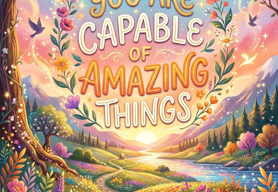 Eco-chic tote bag features a whimsical sunrise scene with flowers, trees, and birds plus "You are capable of amazing things" text.