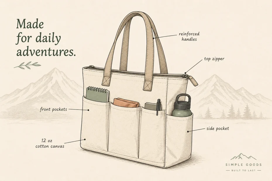 Chic canvas tote bag with zipper, stylish pockets, and reinforced handles; keys to functional fashion against a scenic mountain sketch.