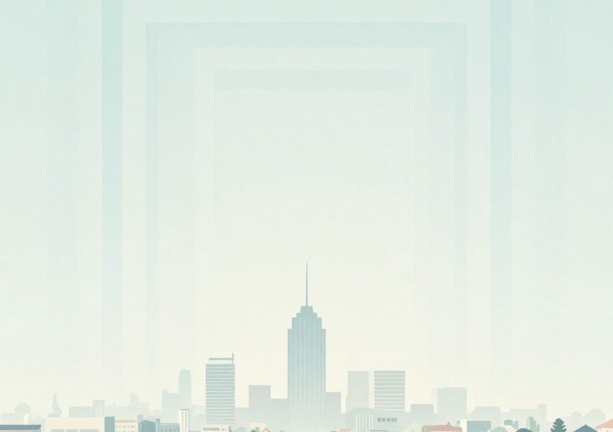 Pastel illustration of tree-lined suburban streets and houses leading to a city skyline, evoking chic travel style and sleek carry-ons.