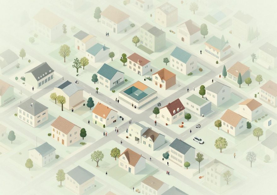 Dreamy pastel suburb scene: stylish travelers stroll with chic carry-ons, setting a trendy vibe for your next weekend escape.