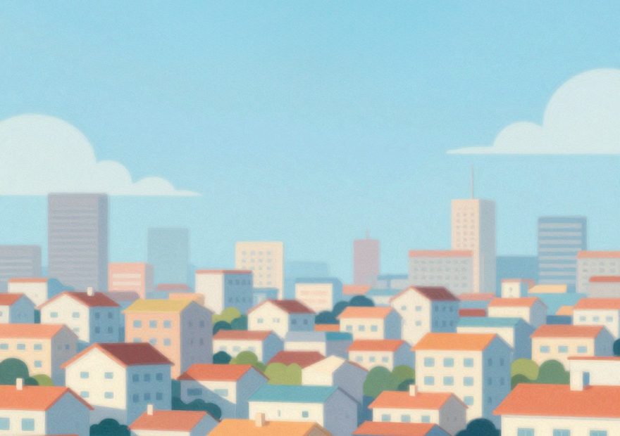 Stylish traveler with a chic, trendy bag strides past red-roofed houses toward city skyscrapers under a bright blue sky.