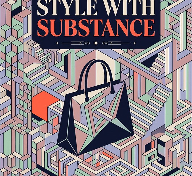 Pastel geometric backdrop with bold "Style With Substance" text and a chic, angular 2026 mini bag illustration—fashion-forward flair.