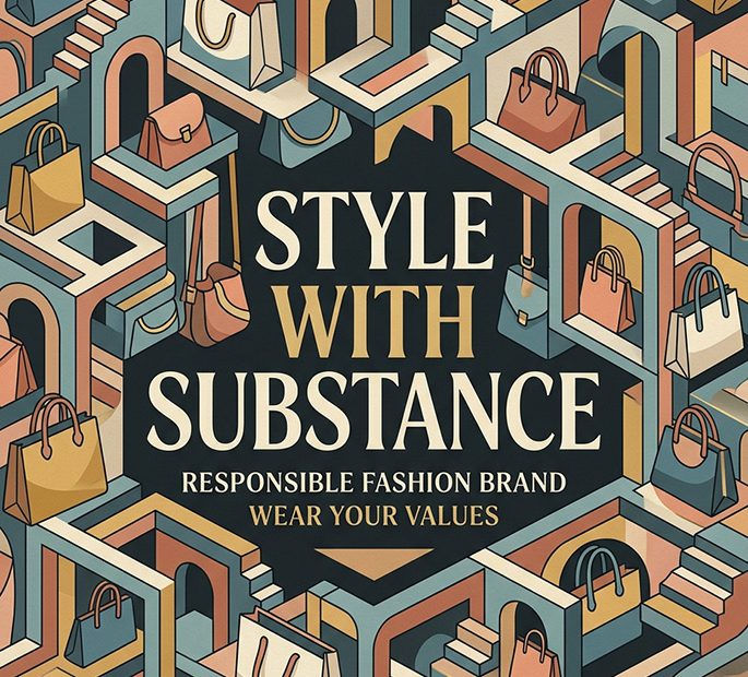 Chic summer bags and handbags displayed on stairs and arches, with "Style With Substance. Wear your values." in bold text.