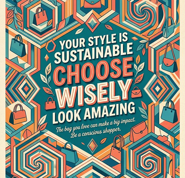 Vibrant graphic features chic handbags and modern patterns. Celebrate sustainable style: choose ethical, waterproof accessories.