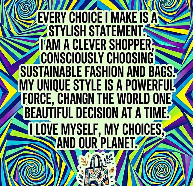 Colorful, hypnotic backdrop highlights bold eco-fashion tips with glam bags 2026; hashtags promote stylish sustainability.