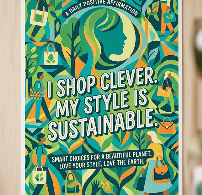 Vibrant poster with luxe bags, greenery, and shoppers; central green silhouette reads, “I shop clever. My style is sustainable.”.