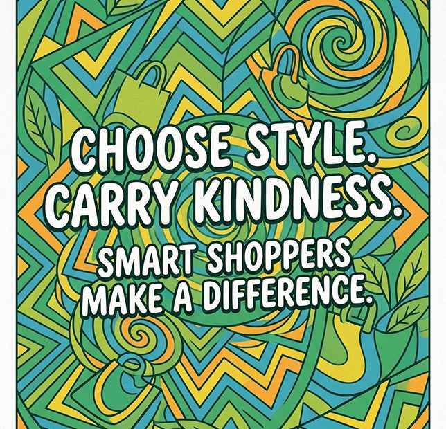 Vibrant poster of stylish reusable bags, leafy accents, and slogan: "Choose style. Carry kindness." #SustainableFashion #2026.