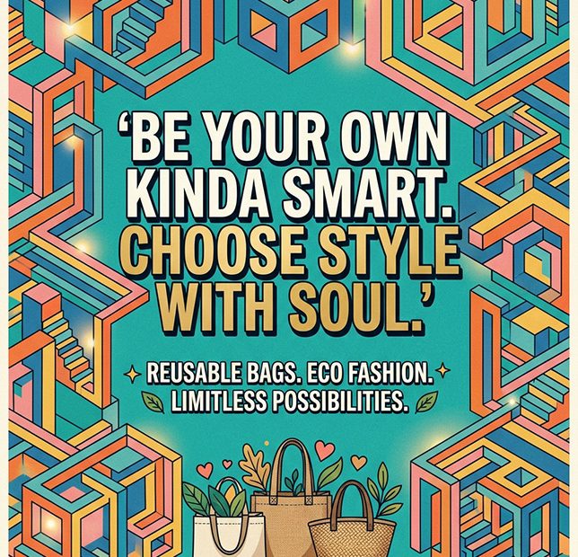 Teal poster framed by bold shapes touts reusable camera bags, eco fashion for 2026, and illustrated trendy bags with hashtags.