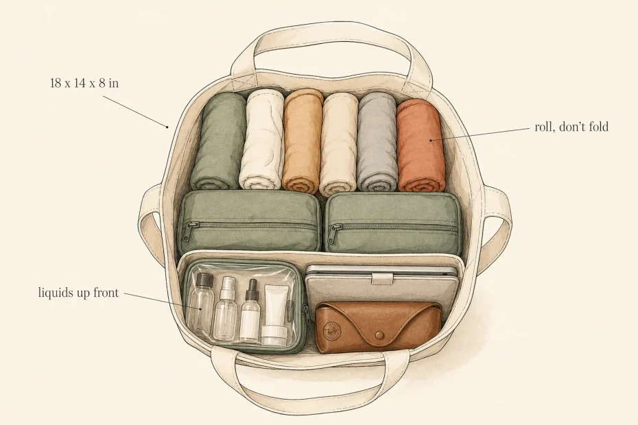 Chic travel tote organized with rolled clothes, pouches, and toiletries—packing hacks and measurements shown for stylish getaways.