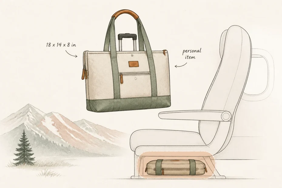 Chic travel tote (18x14x8 in), praised by stylish moms, fits flawlessly under an airplane seat with scenic mountains behind.