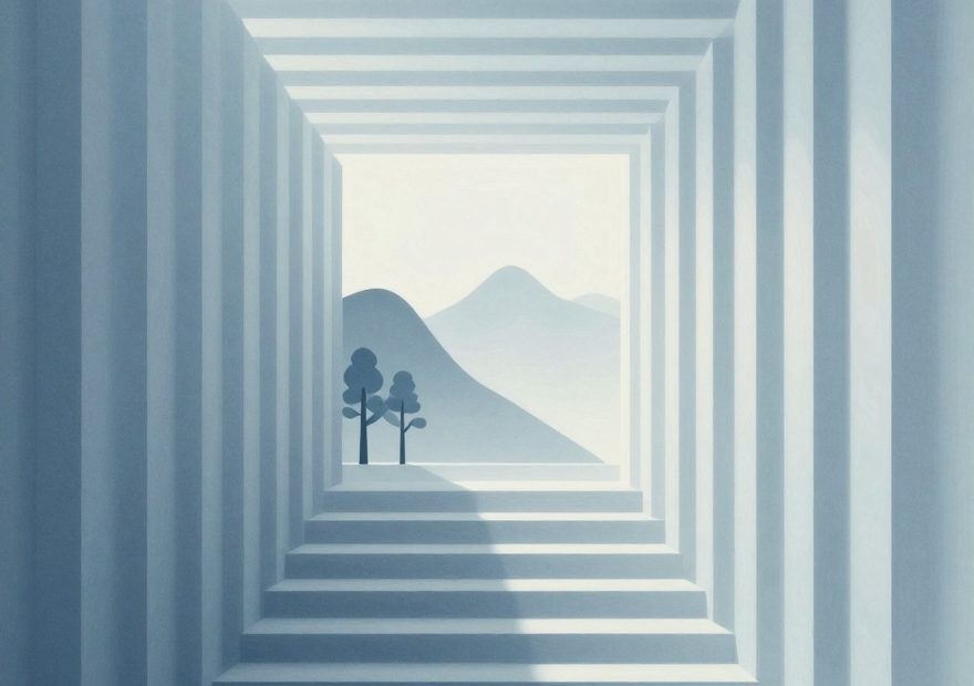 A sleek tunnel of geometric lines leads to serene hills, evoking stylish work travel with a chic backpack or messenger bag.