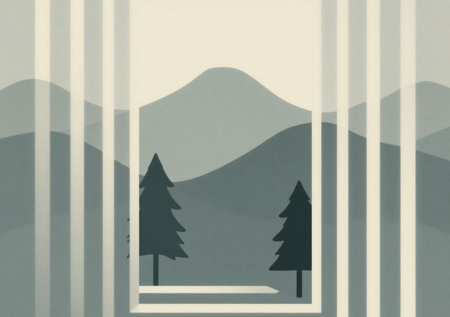 Minimalist art of muted hills and pines, framed like a chic travel bag—evoking fashion-forward journeys in style.