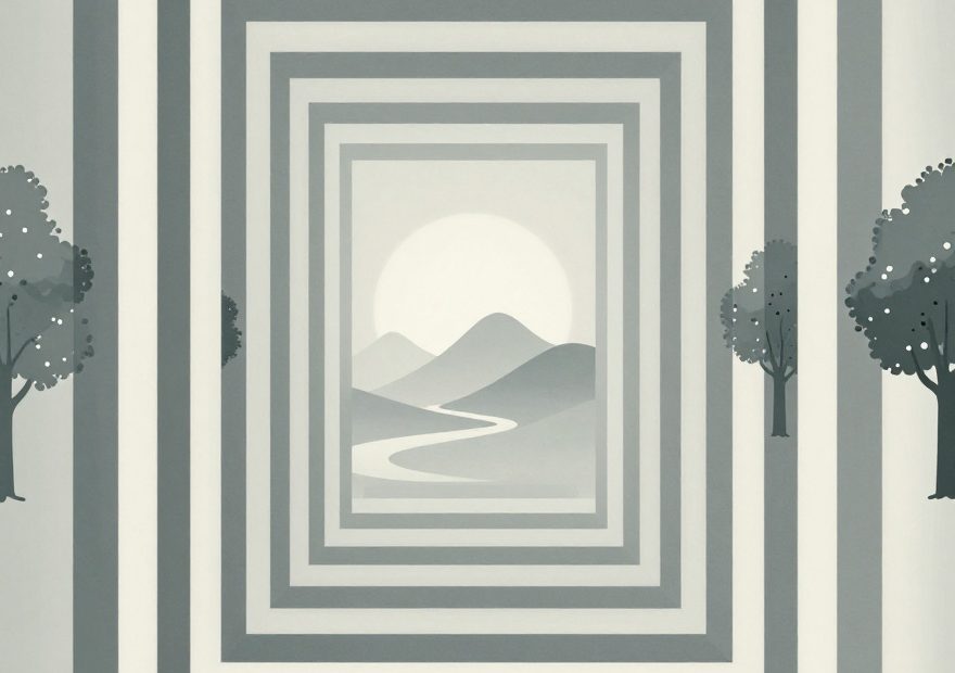 Grayscale tunnel of rectangles frames a chic landscape—trees, river, sun, and mountains—for stylish weekend getaway inspiration.