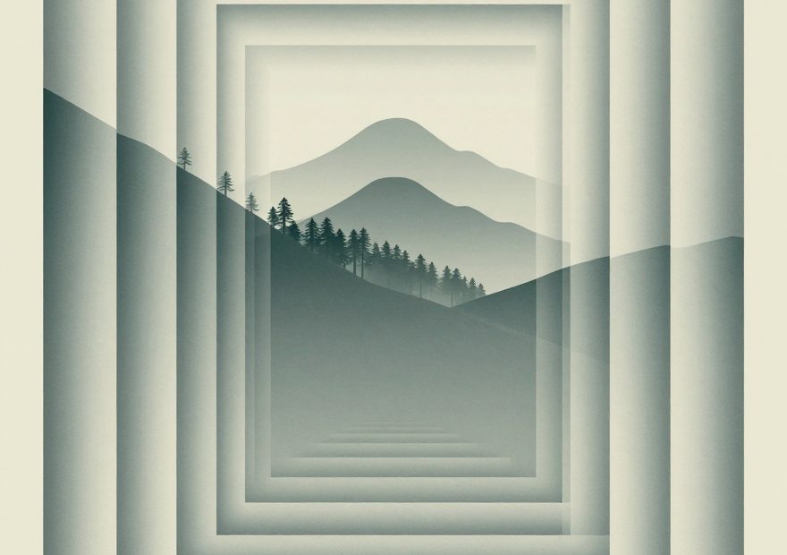 Monochrome art of layered rectangles, misty mountains, and trees—evoking a stylish city commute with a sleek messenger bag.