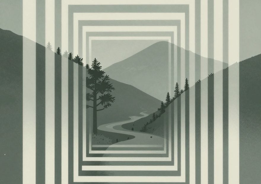 Grayscale art of a winding river and hills, layered like the sleek pockets of an on-trend laptop messenger bag.