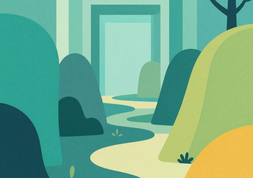 Minimalist art of a winding path and rolling hills, evoking a stylish commute with a vegan leather messenger bag trend.