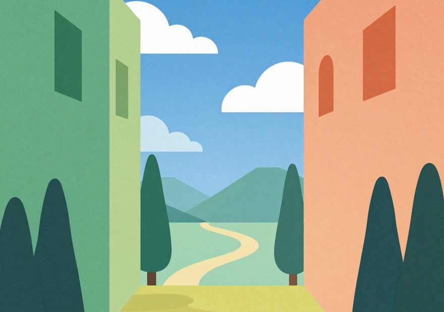 Minimalist art of a stylish man with a leather messenger bag walking between colorful buildings, blending urban fashion with nature.