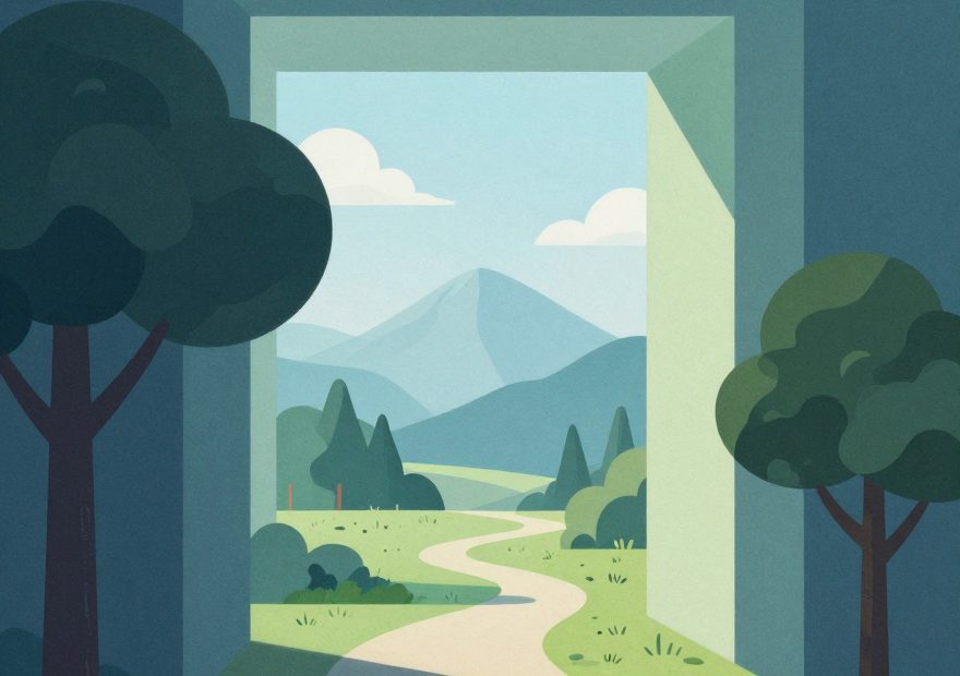 Sunlit path through trees and mountains viewed from a doorway, evoking adventure—ideal inspo for trendy work-ready messenger bags.