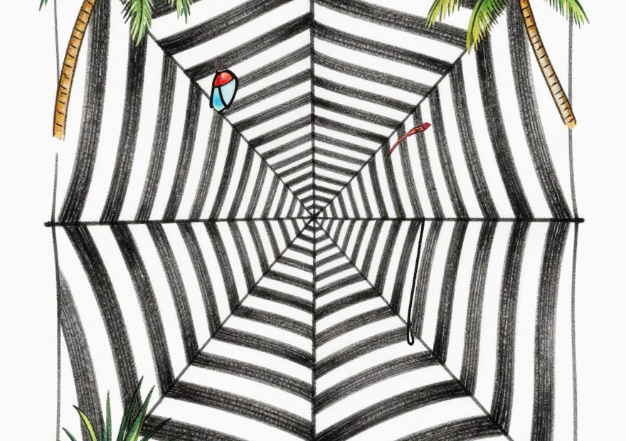 A black-and-white spiderweb centerpiece with trendy tropical icons—palms, beach ball, donut—evokes whimsical summer accessories.