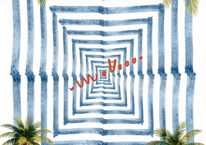 Blue and white spiral pattern evokes summer style, framed by tropical icons and "muvi..." in bold red script—a trendy accessory vibe.