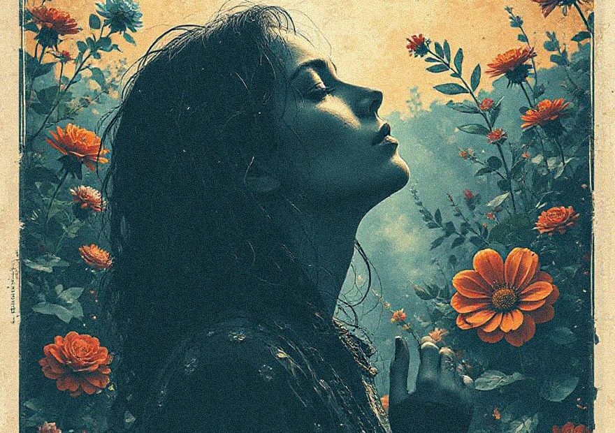 Serene woman in a flowy dress among orange blooms, eyes closed under "Breathe in calm"—evoking vintage spring style vibes.