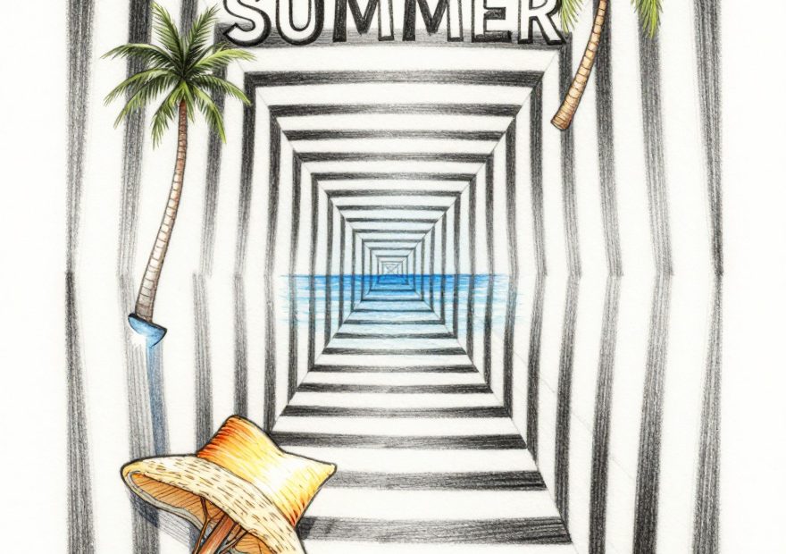 Chic straw hat set beside a black-and-white tunnel, palm trees, and bold SUMMER text—inviting you into the latest beach trends.