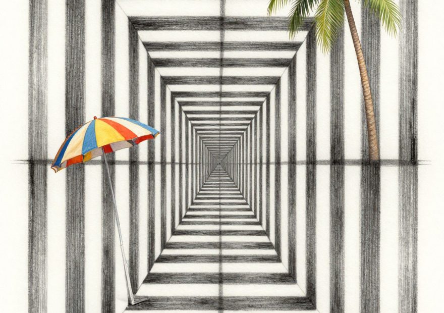 A bold black-and-white striped tunnel evokes runway trends, with a vivid beach umbrella and palm tree adding a touch of resort chic.