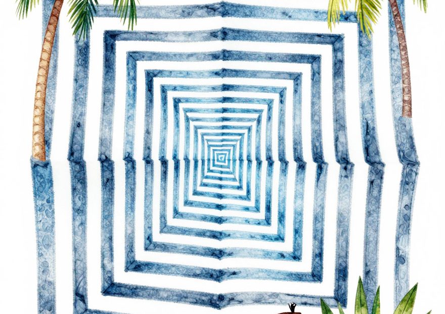 Trendy beach illustration featuring chic straw hat, palm trees, striped pattern, and a starfish flaunting stylish sunglasses.