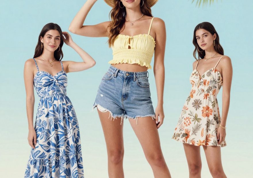 Three women model chic summer trends—leafy blue dress, yellow crop top with straw hat, and floral white dress—by a tropical backdrop.