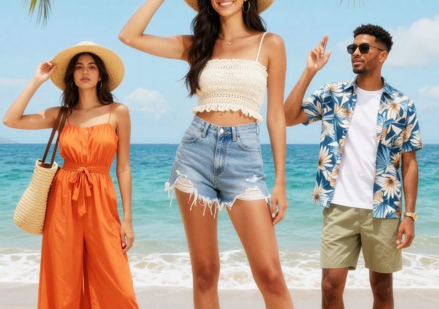 Trio rocks beach style: orange sundress, denim shorts with sunhats, and a man’s floral shirt with bold sunglasses under palms.