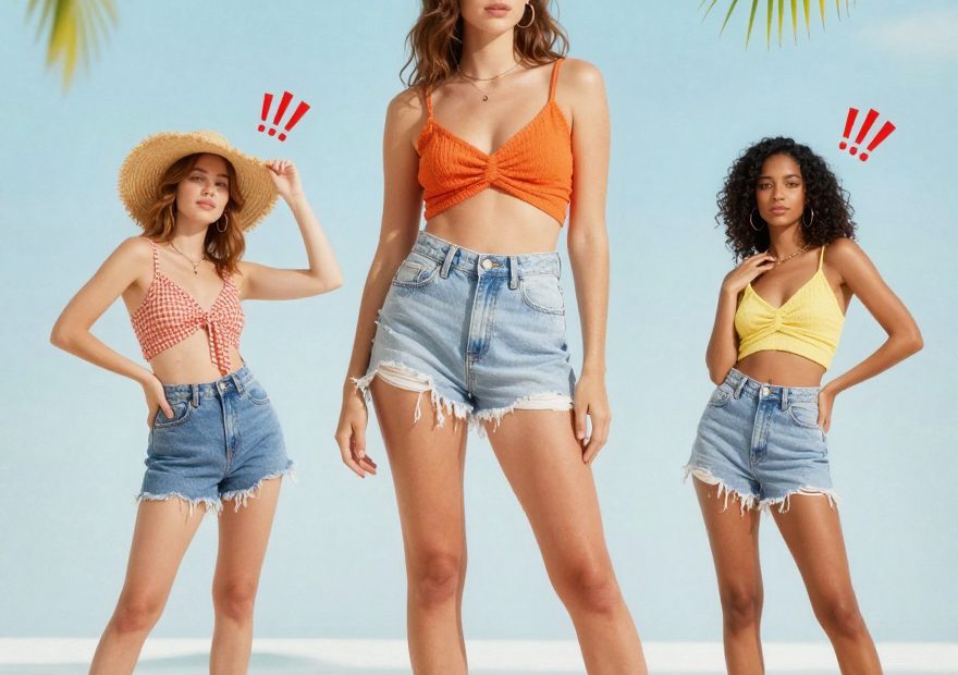 Three women on a sunny beach rock vibrant crop tops and denim shorts, exuding summer style beneath palm leaves and emojis above.