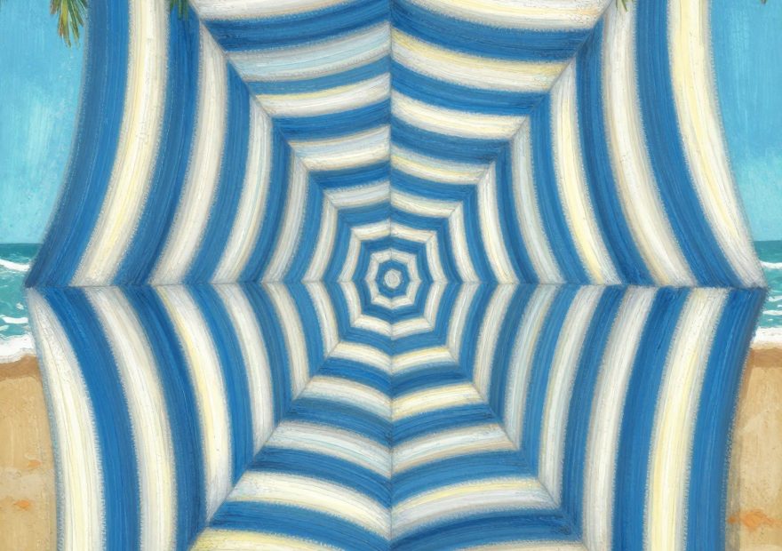 Chic striped blue, white, and yellow beach umbrella pops like a summer accessory, framed by palms with sand and waves beyond.