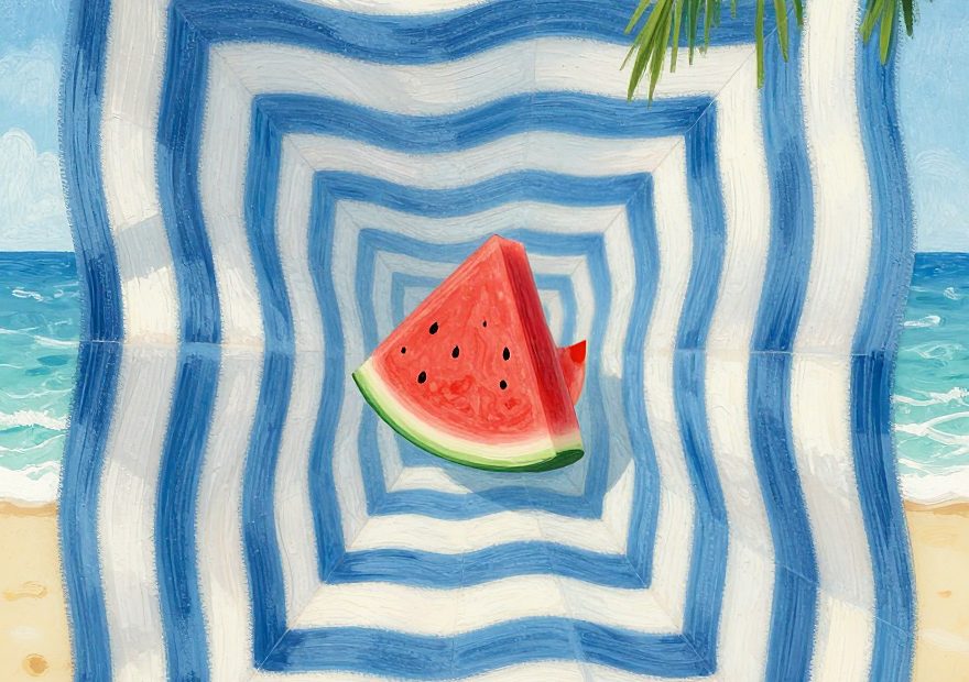 A slice of watermelon on a chic blue and white striped towel—summer’s hottest beach accessory under palm leaves by the sea.